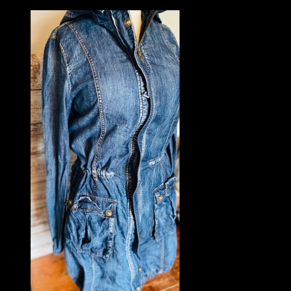 MonoReno | Denim | Trench | Distressed | Womens | Size Large | Hooded